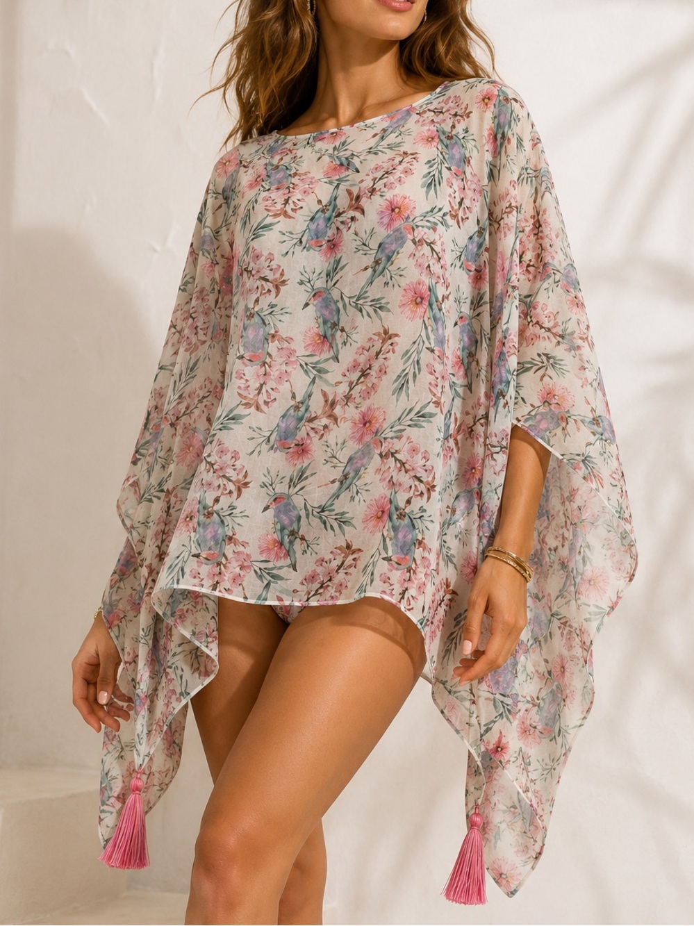 NWT PHAX SWIMWEAR PONCHO COVERUP, FLORAL/BIRD PRINT